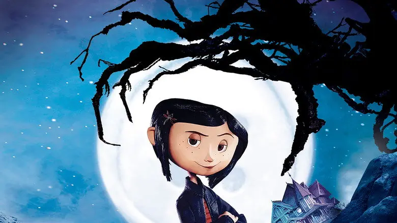 Coraline and a house silhouetted against a moonlit sky