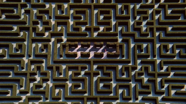Two figures moving through the hedge maze in The Shining