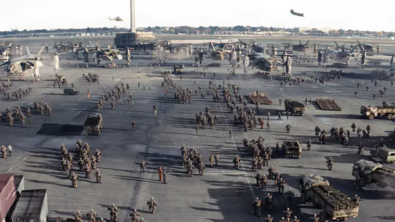 A wide view of a military staging area in Edge of Tomorrow