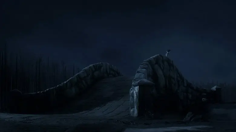 A dark stone bridge crossing a barren landscape at night