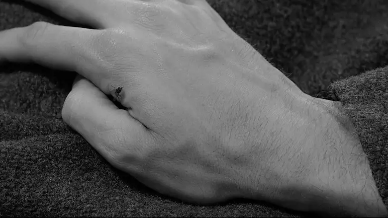 A black-and-white close-up of a hand resting on carpet in Psycho