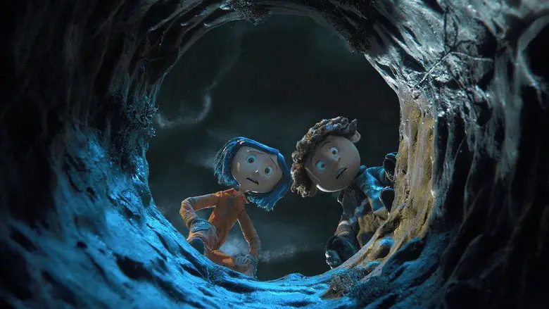 Coraline and Wybie in a blue tunnel in Coraline