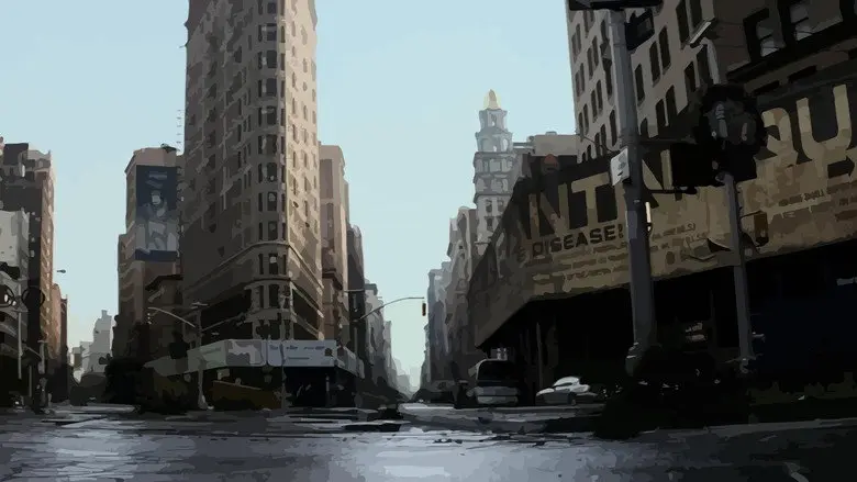 An empty Manhattan avenue with abandoned vehicles and overgrown pavement in I Am Legend